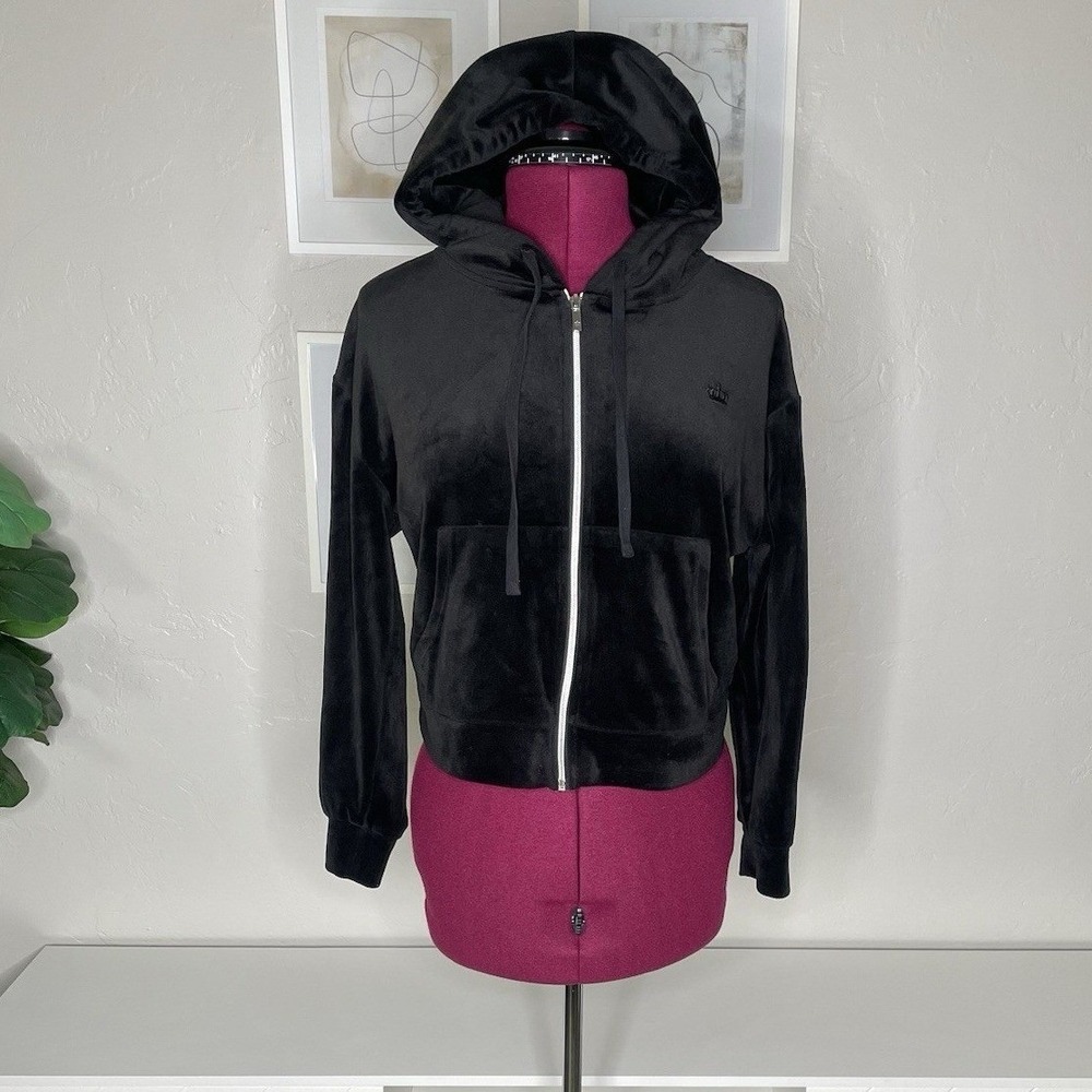 Juicy Couture Hoodie Women Small Black Velour Full Zip Graphic Crown Logo